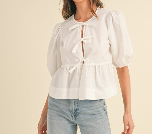 Balloon Sleeve Poplin Peplum Front Tie | Top