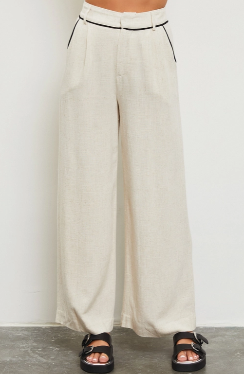 Oatmeal Contrast Piping Linen | Pants