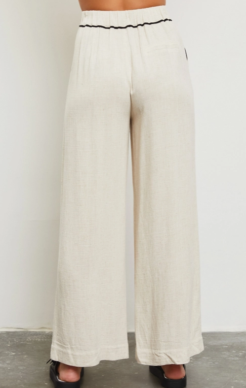 Oatmeal Contrast Piping Linen | Pants